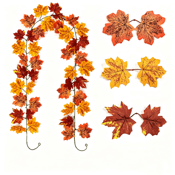 2 Pack Fall Maple Leaf Garland, Artificial Autumn Maple Vine Decor, for Halloween Thanksgiving Indoor Outdoor Home Decor