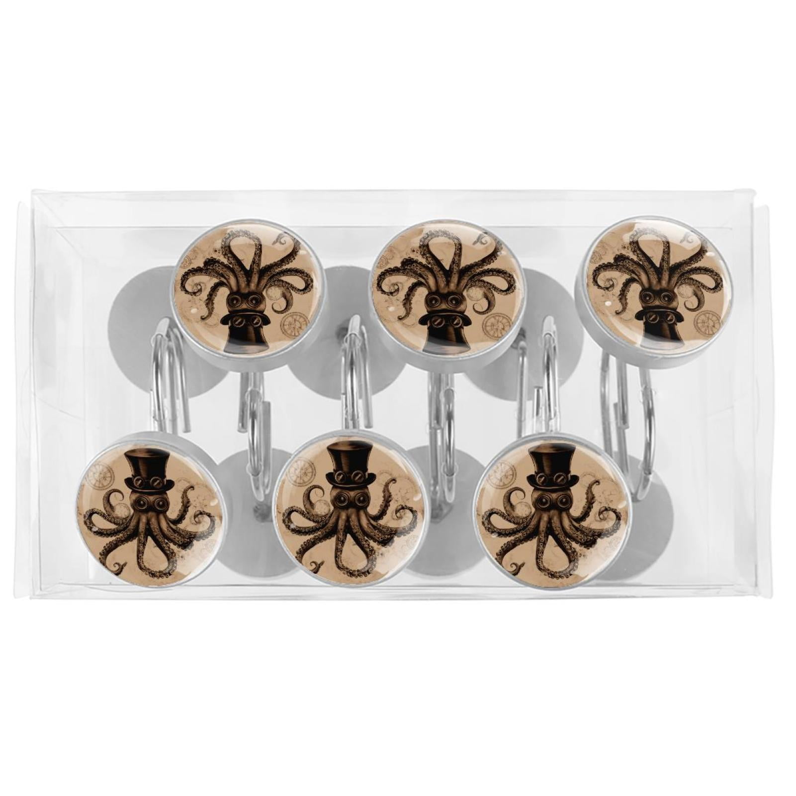 12pcs Decorative Shower Curtain Hooks, Rust Resistant Shower Rings for Bathroom Living Room,Rustproof Stainless Steel Rings for Shower Curtain and Liner Rods,Vintage Hat Octopus