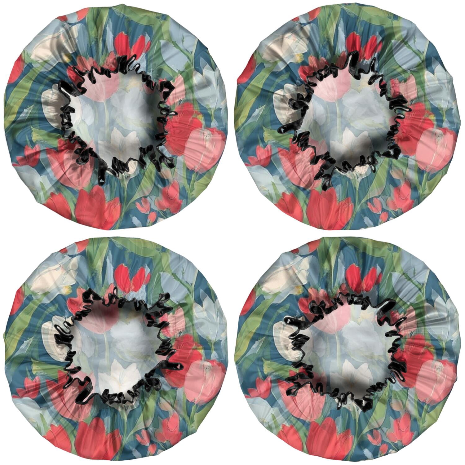 Shower Caps,Pioneer Flower Floral Print Pattern Waterproof Shower Cap for Women 4 Pieces,Double Reusable Hair Cover for Shower PEVA Elastic Stretch Hem