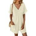 thumbnail image 4 of Kaemgyyd Women's Short Sleeve Romper Summer Casual V Neck Wide Leg Short Jumpsuit Baggy Beach One Piece Outfit with Pockets, 4 of 7