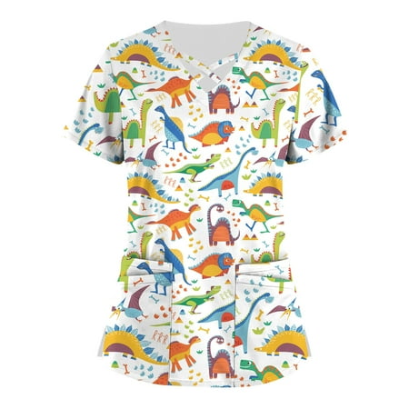 

QWANG Plus Size Cute Printed Scrub Working Uniform Tops for Women Cross V-Neck Short Sleeve Fun T-Shirts Workwear Tee With Pockets