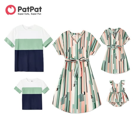 

PatPat Family Matching 95% Cotton Colorblock T-shirts and Allover Geo Print V Neck Short-sleeve Belted Dresses Sets