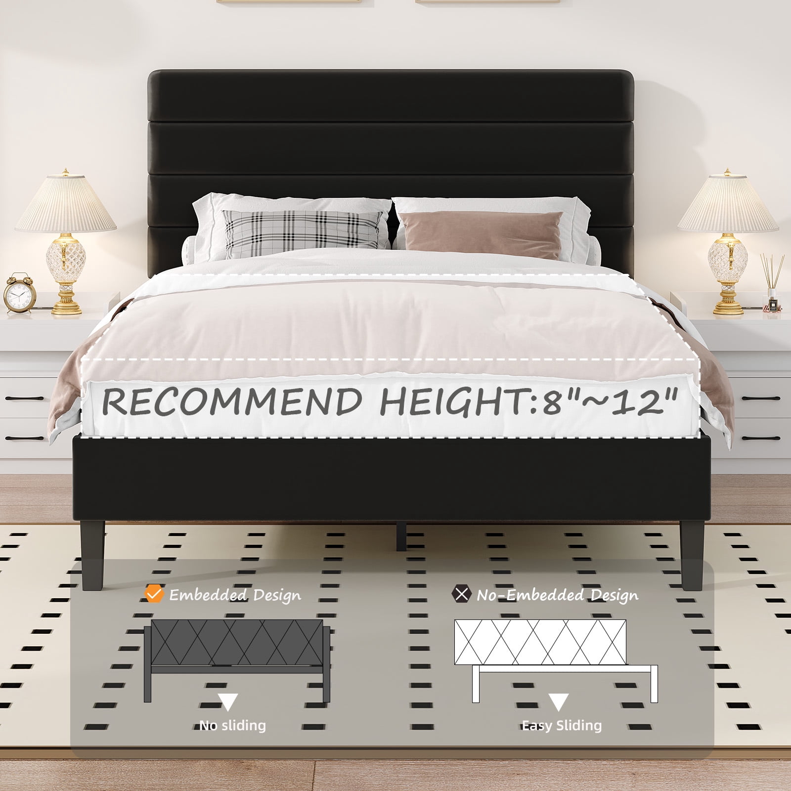 4 EVER WINNER Queen Size Platform Bed Frame, Horizontal Stitched Black Velvet Upholstered Headboard, Solid Wooden Slat Support, Noise-Free, No Box Spring Needed