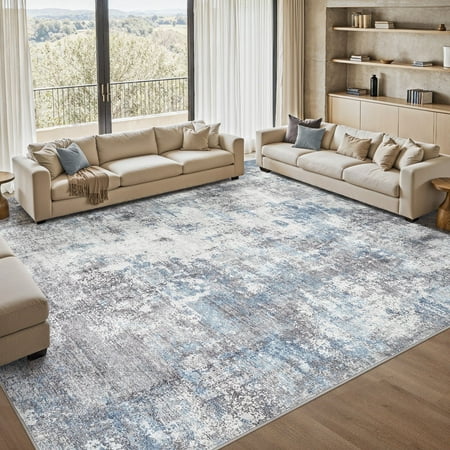 uermei 10x14 large washable rug: modern abstract soft non-slip indoor area rug - low pile stain resistant foldable rug for living room bedroom dining room office - blue gray