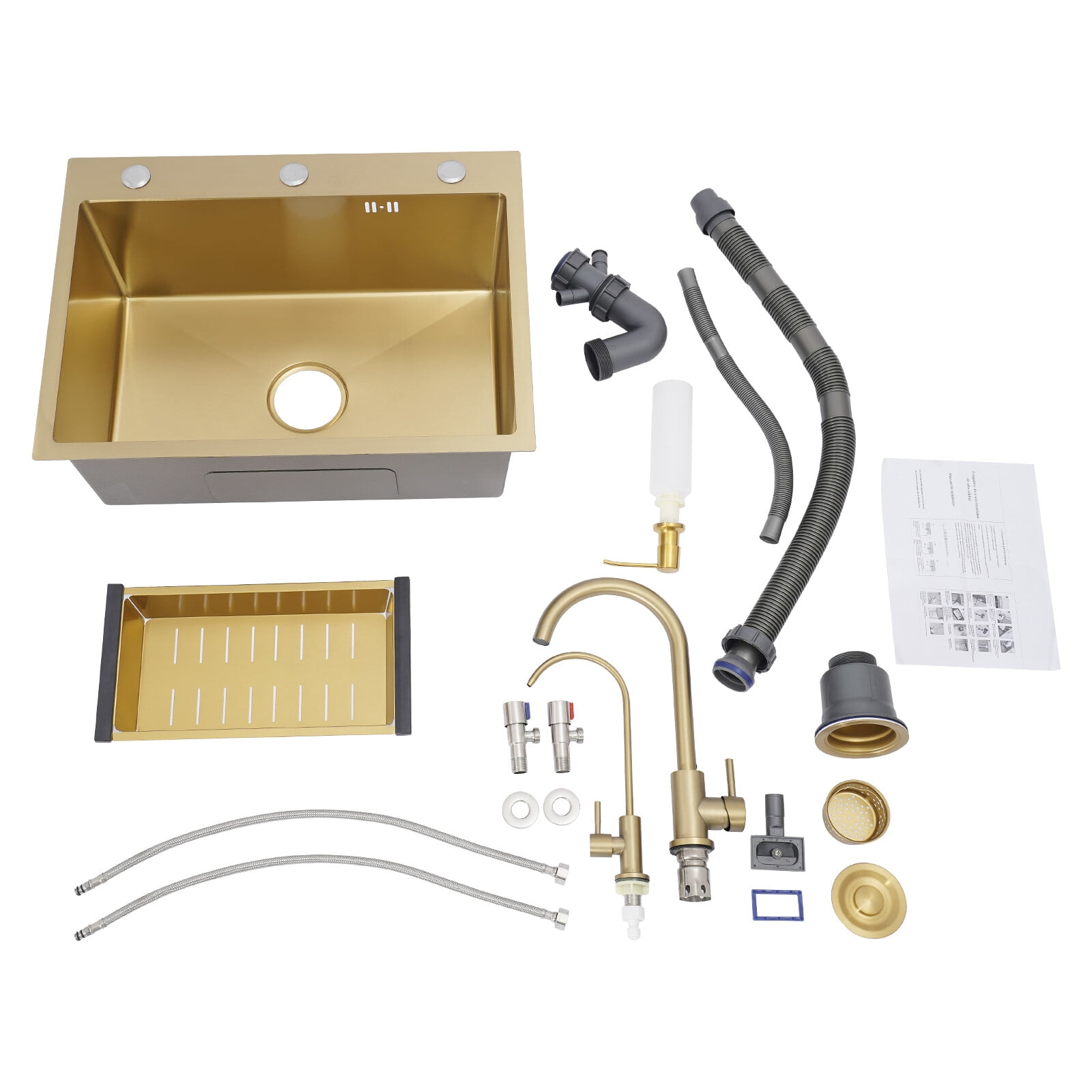 Gold Sink Set, 60x45cm Utility Sink with Faucet Soap Dispenser Drain Basket, Stainless Steel Laundry Tub, Large Capacity Kitchen Sink