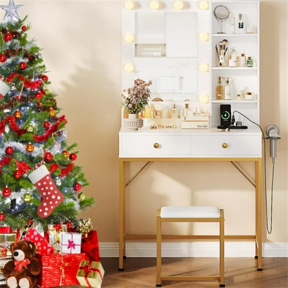 Makeup Vanity Desk Set with Mirror, Makeup Vanity with Charging Station & Stool, 2 Drawers Vanity Table with 3 Adjustable Lighting Modes, Vanity Table for Bedroom, White