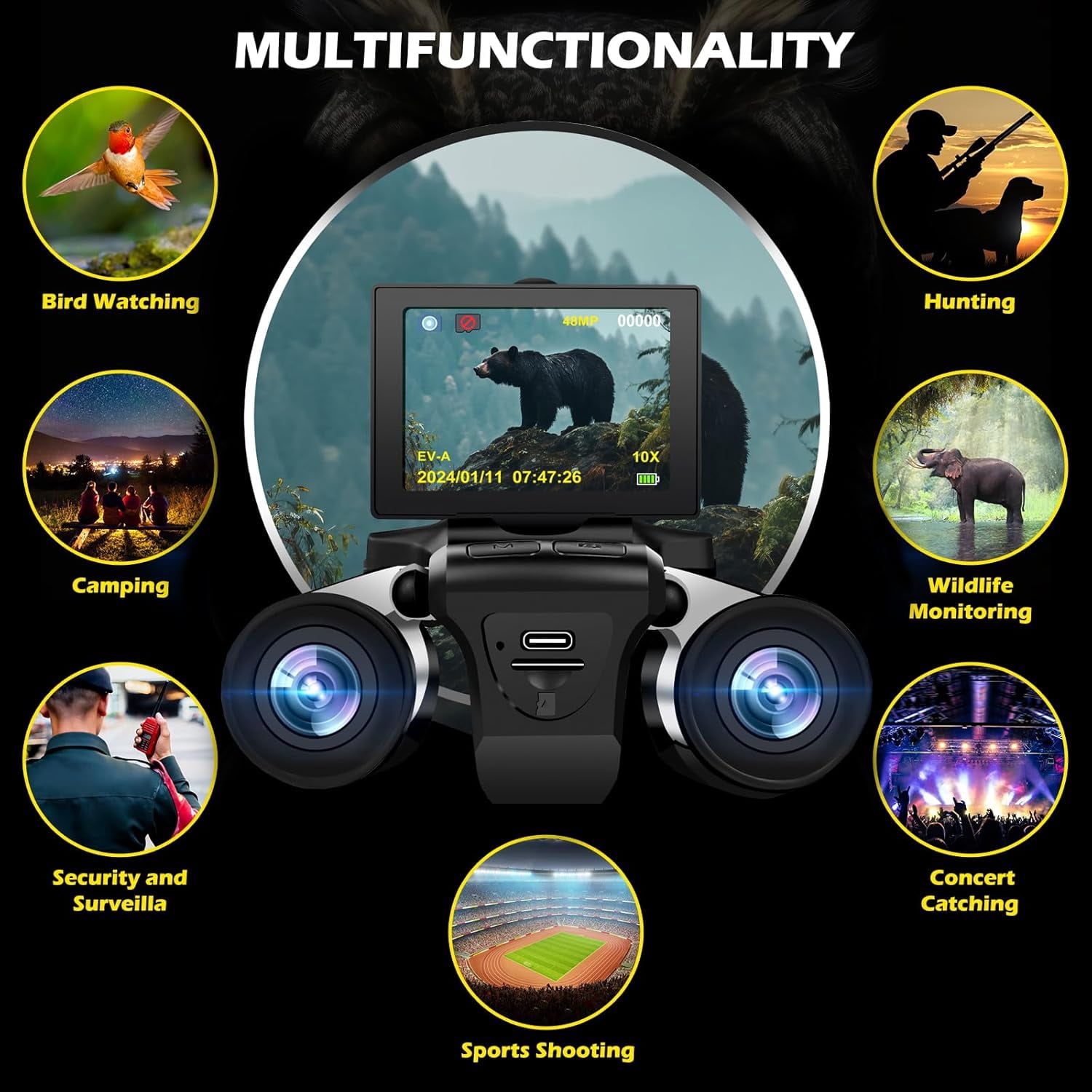 BekinTek 12x32 Digital Binoculars with Camera 2.4" LCD 8x Digital Zoom 48MP Photo 2.5K Video Recoder Camcorder for Bird Watching Concerts Sports Games