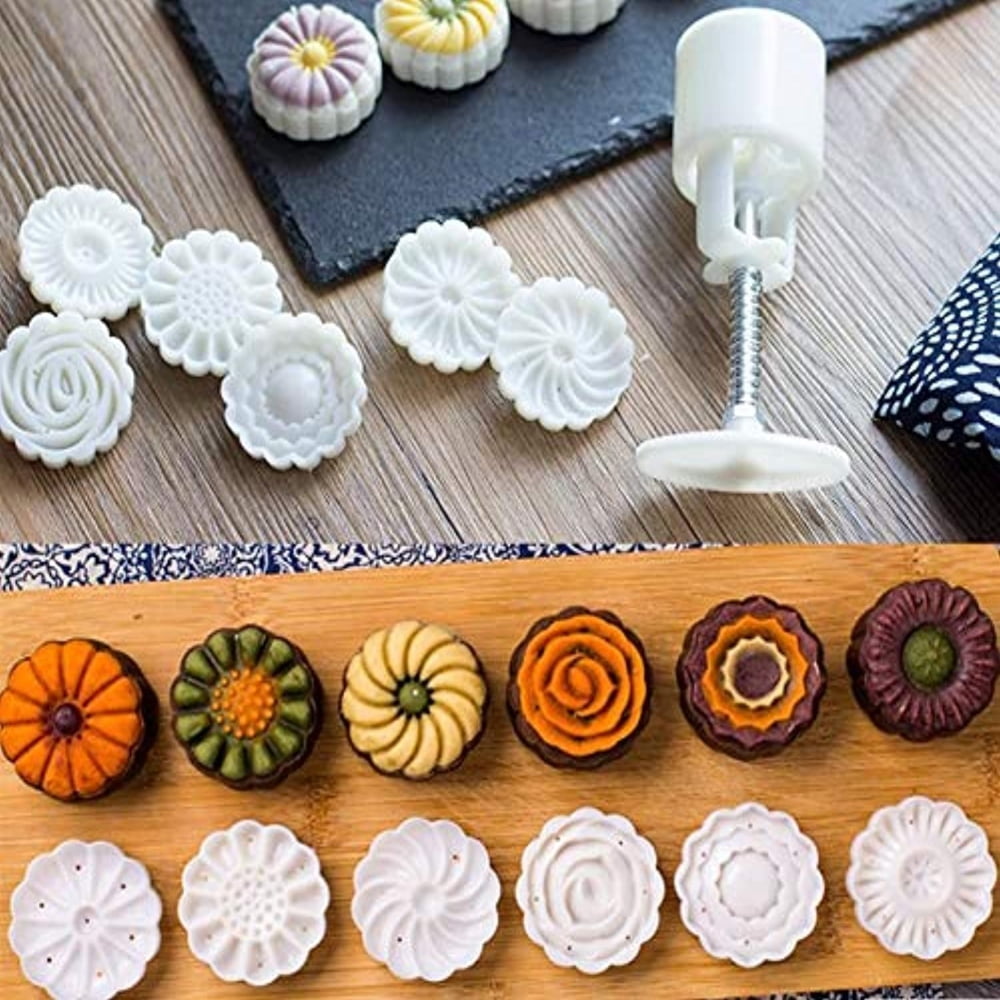 GDGY 6+1 Chinese Flowers Pattern Mooncake Mold Candy Pineapple Cake Cookie  DIY Baking mold/3D Rose Flower Mooncake Mold Hand Pressure Mould 1 Barrel 6