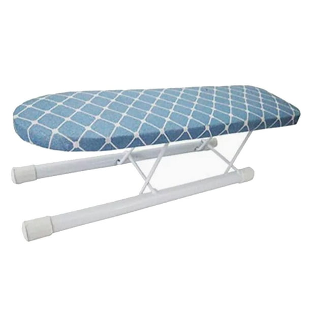 Mini tabla de planchar con patas plegables, puños antideslizantes y cuello para planchar. Azul