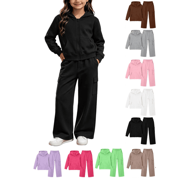 Vmberlty Kids 2 Piece Tracksuits Girl's Solid Color Fall Winter Outfits Zip Up Hooded Sweatshirts and Cargo Pants Casual Active Sets for 1‑13 Years