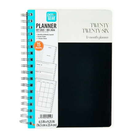 Pen+Gear 15-Month Weekly Planner, 6.5" x 9.25", Black and White, October 2025-December 2026