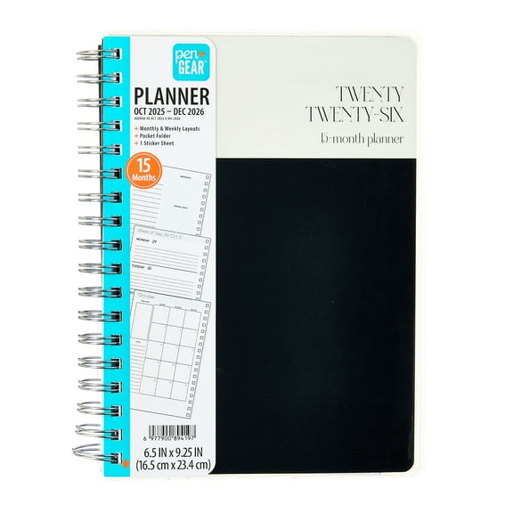 Pen+Gear 15-Month Weekly Planner, 6.5" x 9.25", Black and White, October 2025-December 2026