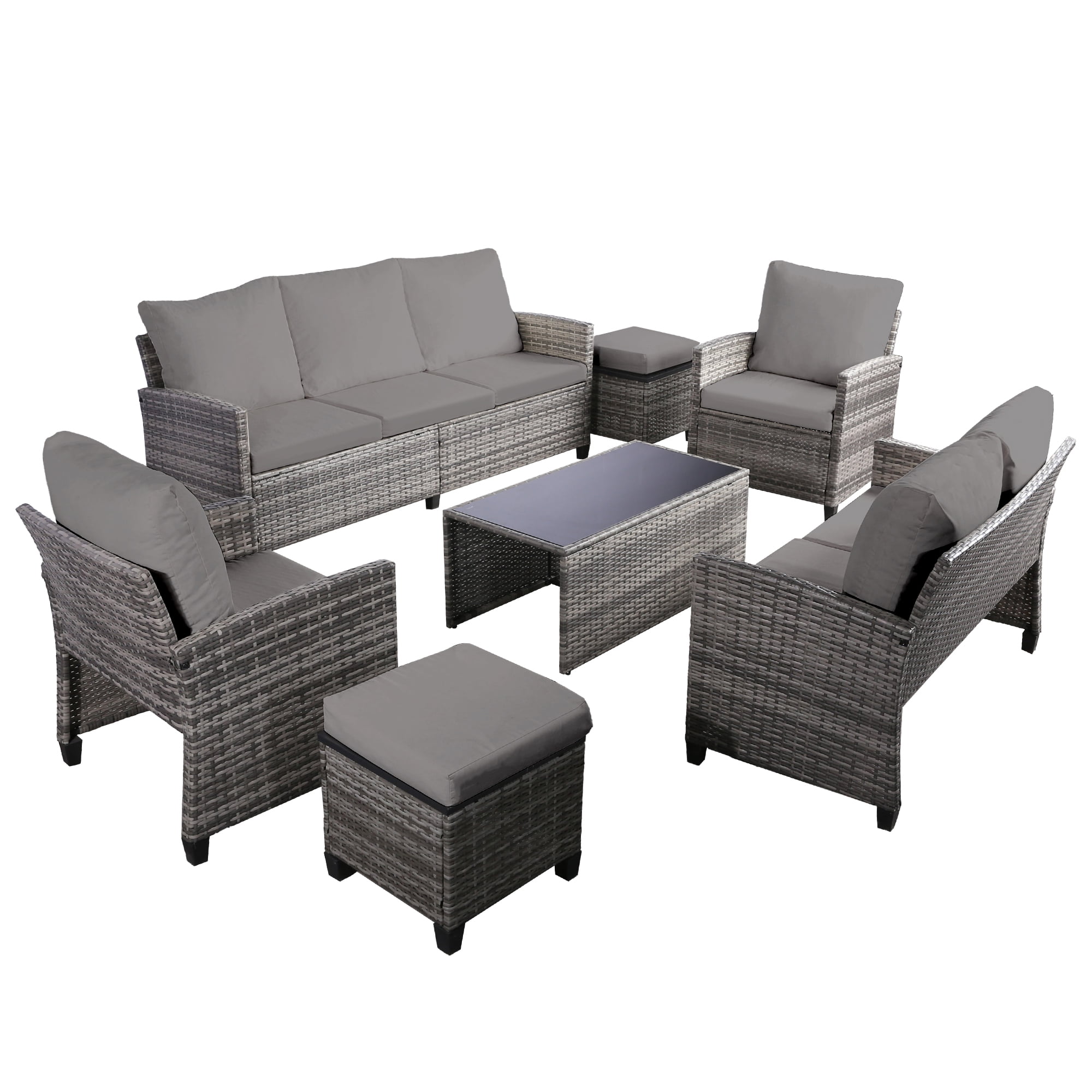 Outdoor Patio Furniture Sets Wicker Conversation Set PE Rattan Sectional Sofa Couch with Ottomans, and Coffee Table for Backyard, Porch and Garden(gray&gray)