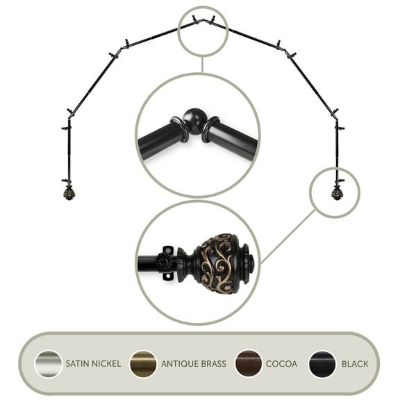 3/4" Dia Adjustable 6 Sided Bay Window Curtain Rod 28 to 48" (each side) in Black with Ingo Finials,(6Bay-89-2)