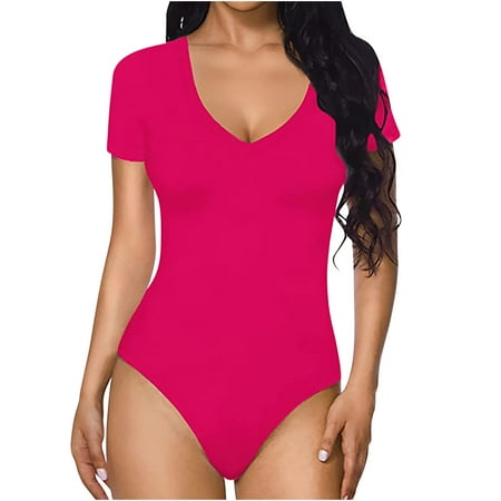 

Dianli Jumpsuits Solid Fashion Short Sleeve Casual Fitting Rompers Skinny Fit Short High Waist Trousers Hot Pink XL