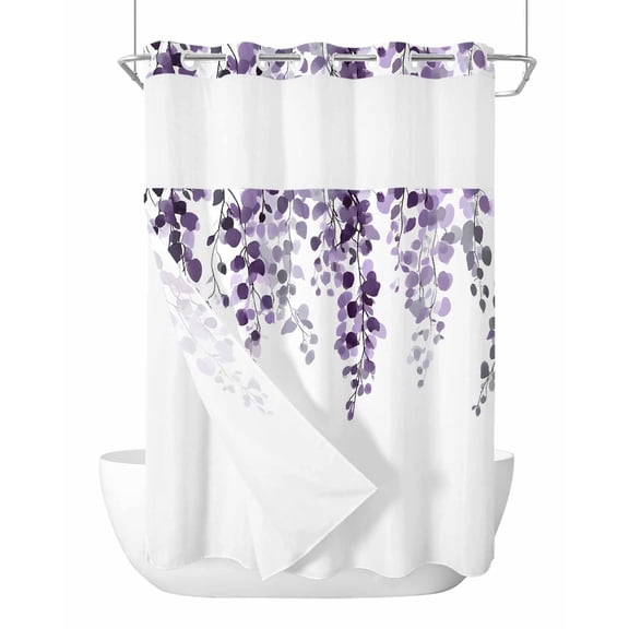 Anzona No Hook Shower Curtains, Purple Eucalyptus Leaves Stall Bathroom Curtain with Snap in Liner, Watercolor Botanical Summer Waterproof Washable Fabric Bathroom Shower Curtain Sets, 48" x 72"