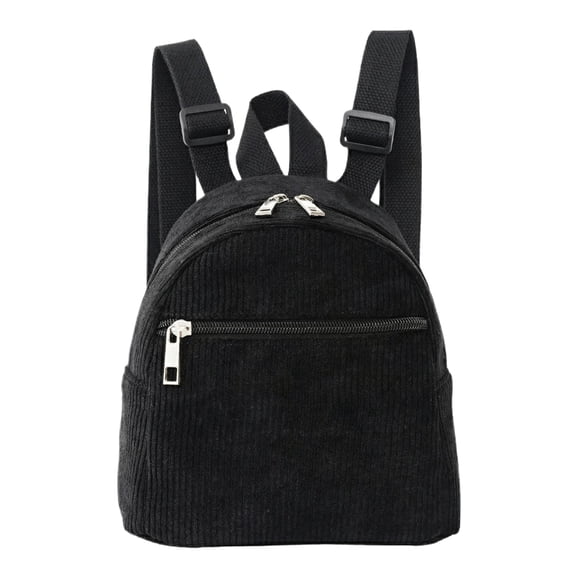 Compact Backpack, Backpack Straps, Adjustable Straps, Corduroy Material, 11X13 In, Jet Black, Personal Items, Urban Travel, External Compartments, 1 Pc