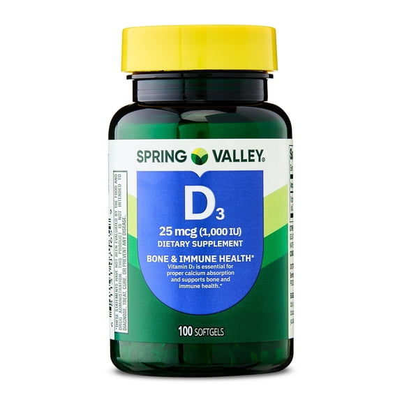 Spring Valley Vitamin D3 Softgels, 25 mcg (1000 IU), 100 Count, Supplement for Bone and Immune Health