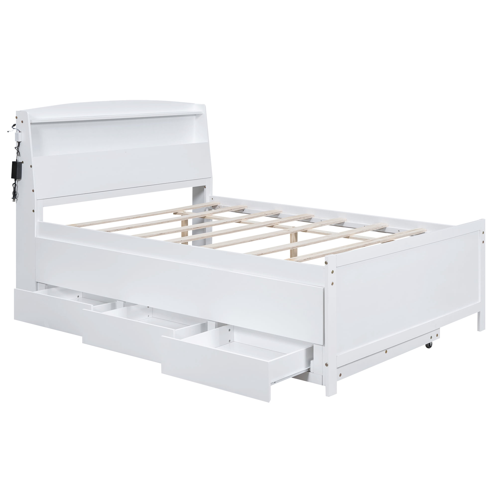 Euroco Wood Full Size Platform Bed with Storage Headboard, Drawers Trundle and LED Light for Kids Teens, White