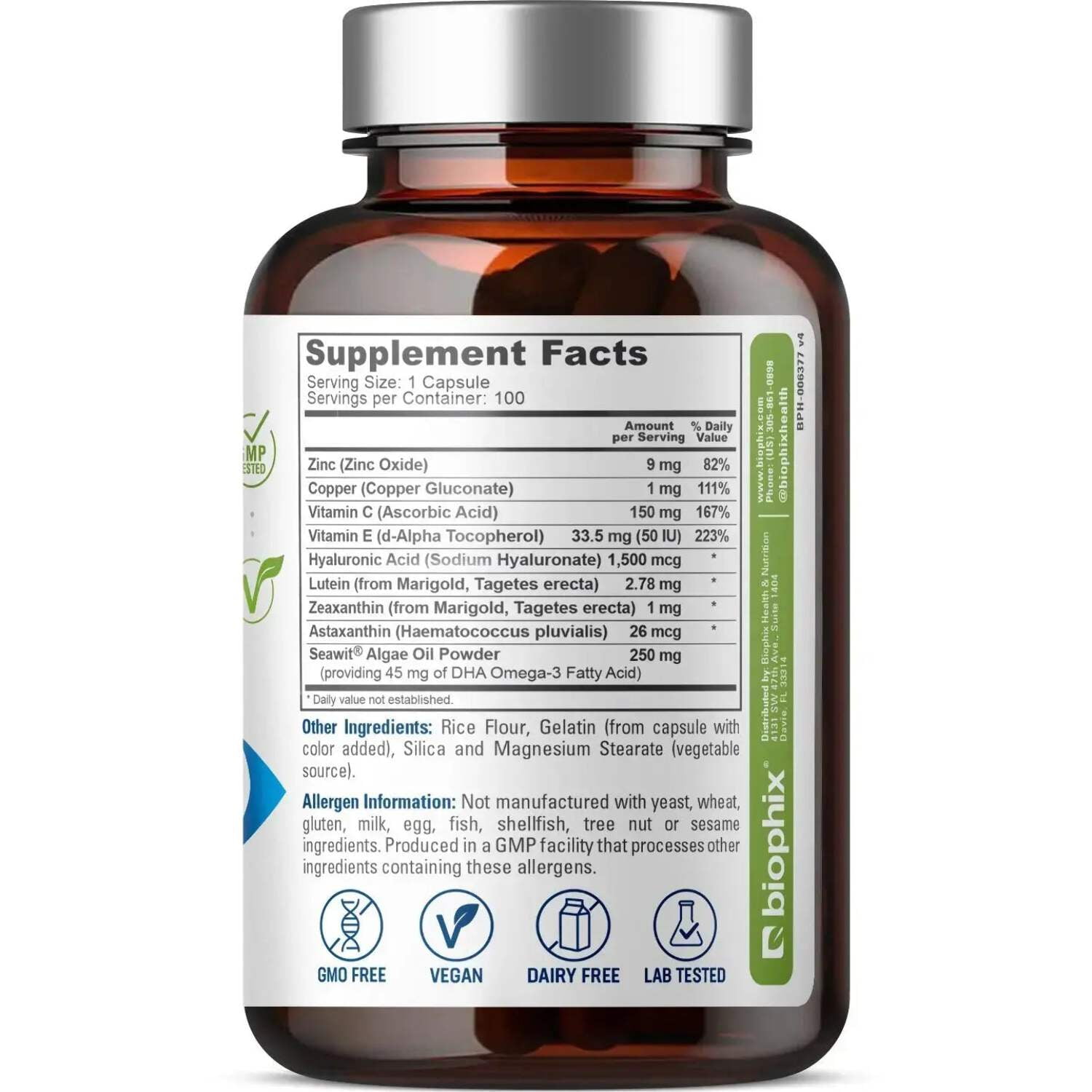 biophix Retinal Support Maximum Strength Complex Formula 100 Capsules - Zinc Vitamin C E Lutein DHA Omega-3 Astaxanthin Hyaluronic Acid - Supports Eye Vision Health