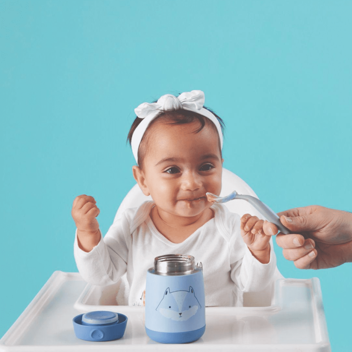 b.box Insulated Food Jar Mini | Small Snack Container for Babies and Kids | Double Wall Stainless Steel | Keeps Food Cold for 6hrs, Warm for 4hrs | (Blue Fox, 7 oz)