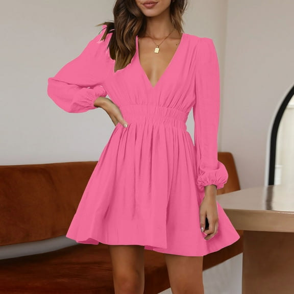 Mini Dress Deep V Sexy Dress Long Sleeve Dress For Women A Line High Waisted Casual Flowy Dress Ruffle Maxi Dress Flowing Dresses for Women Cute Summer Outfits for Women Wrap Dress for Women Summer