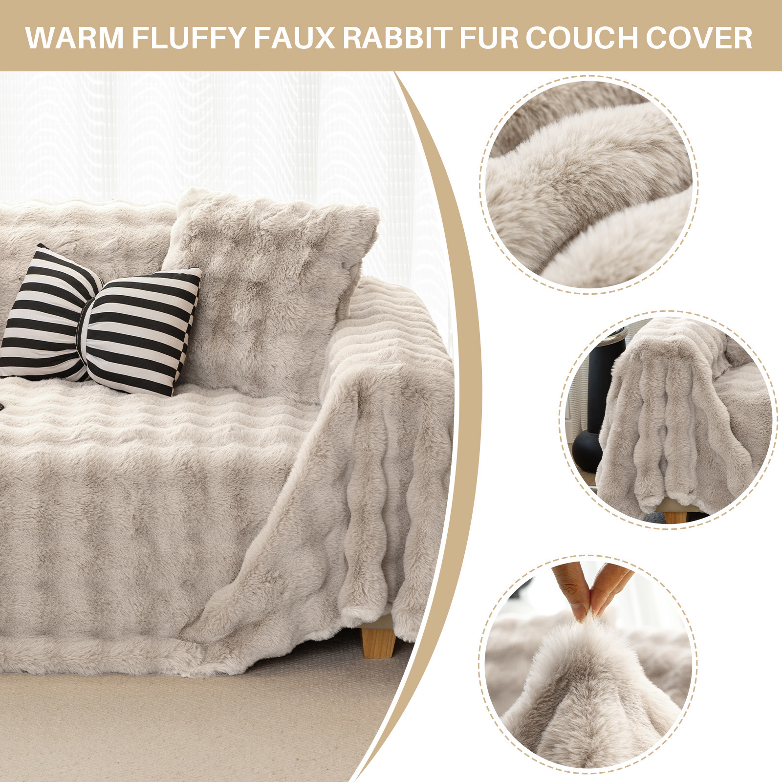 WOOW DEPOT Warm Faux Rabbit Fur Sofa Cover Machine Washable, Thick Throw Blanket L Shape Slipcover for 3 Cushion Couch, Coffee 71"x134"