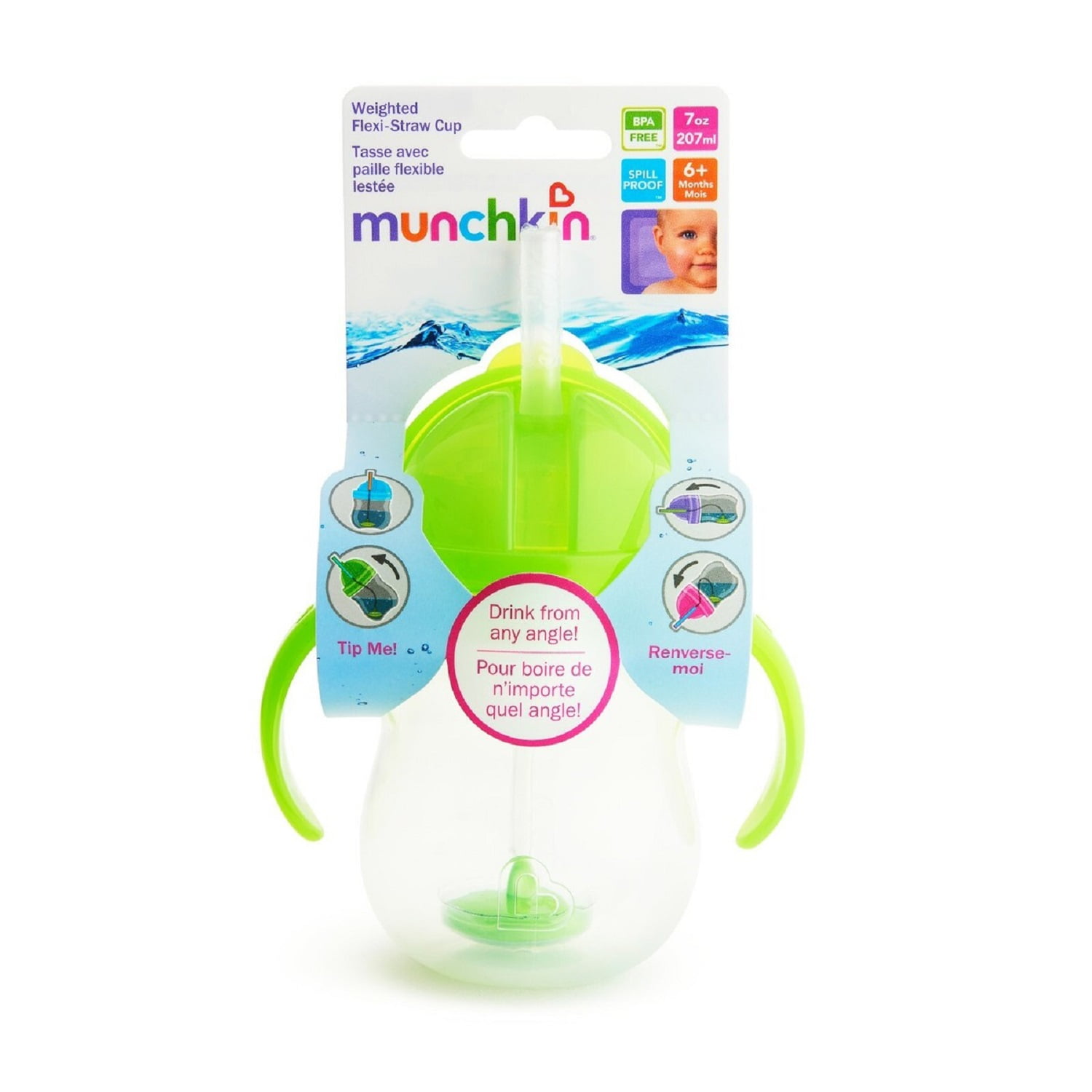 Munchkin Click Lock 7-Ounce Weighted Straw Flexi Cup (Green)