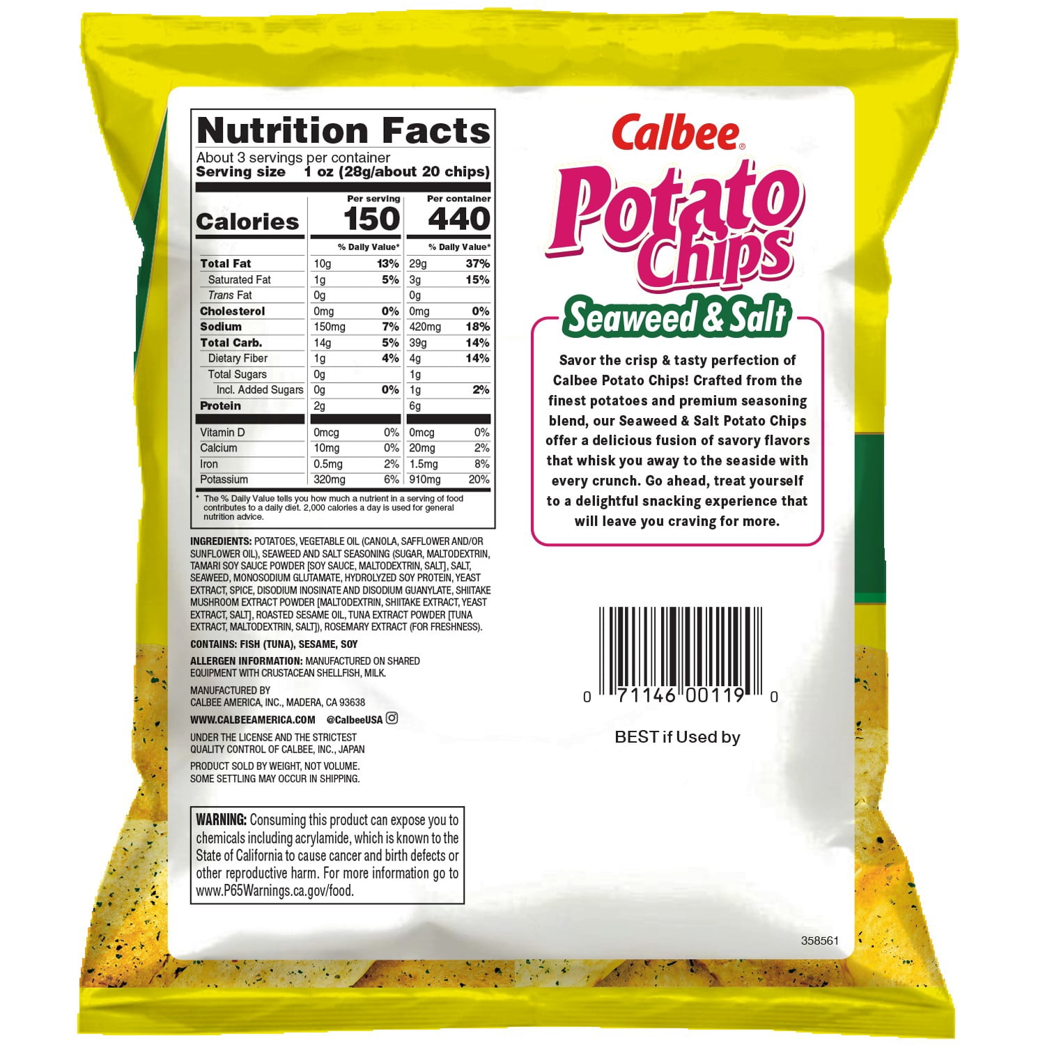 (6 pack) Calbee Potato Chips Seaweed & Salt Flavored 2.8 oz