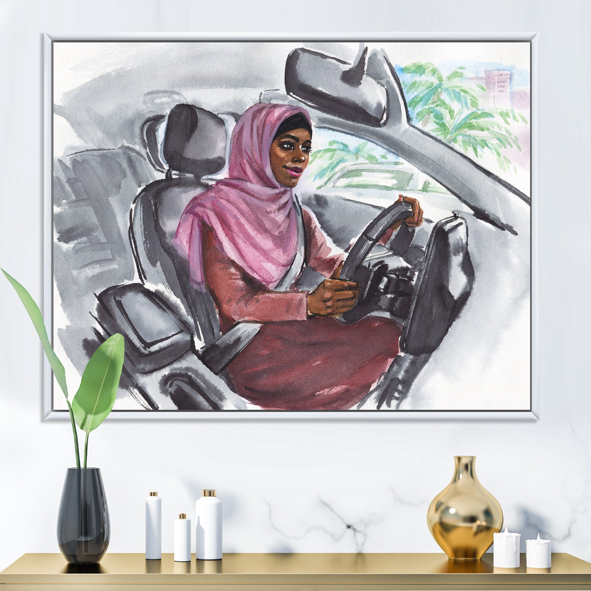 Designart 'Arabian Lady Driving A Car III' Modern Framed Canvas Wall Art Print