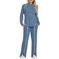 thumbnail image 6 of AHTJRT Women's Tracksuits Striped Crewneck Long Sleeve Tops Drawstrings Side Slit Pants 2 Pieces Athletic Sets Casual Fall Spring Sweatsuits Navy S, 6 of 6