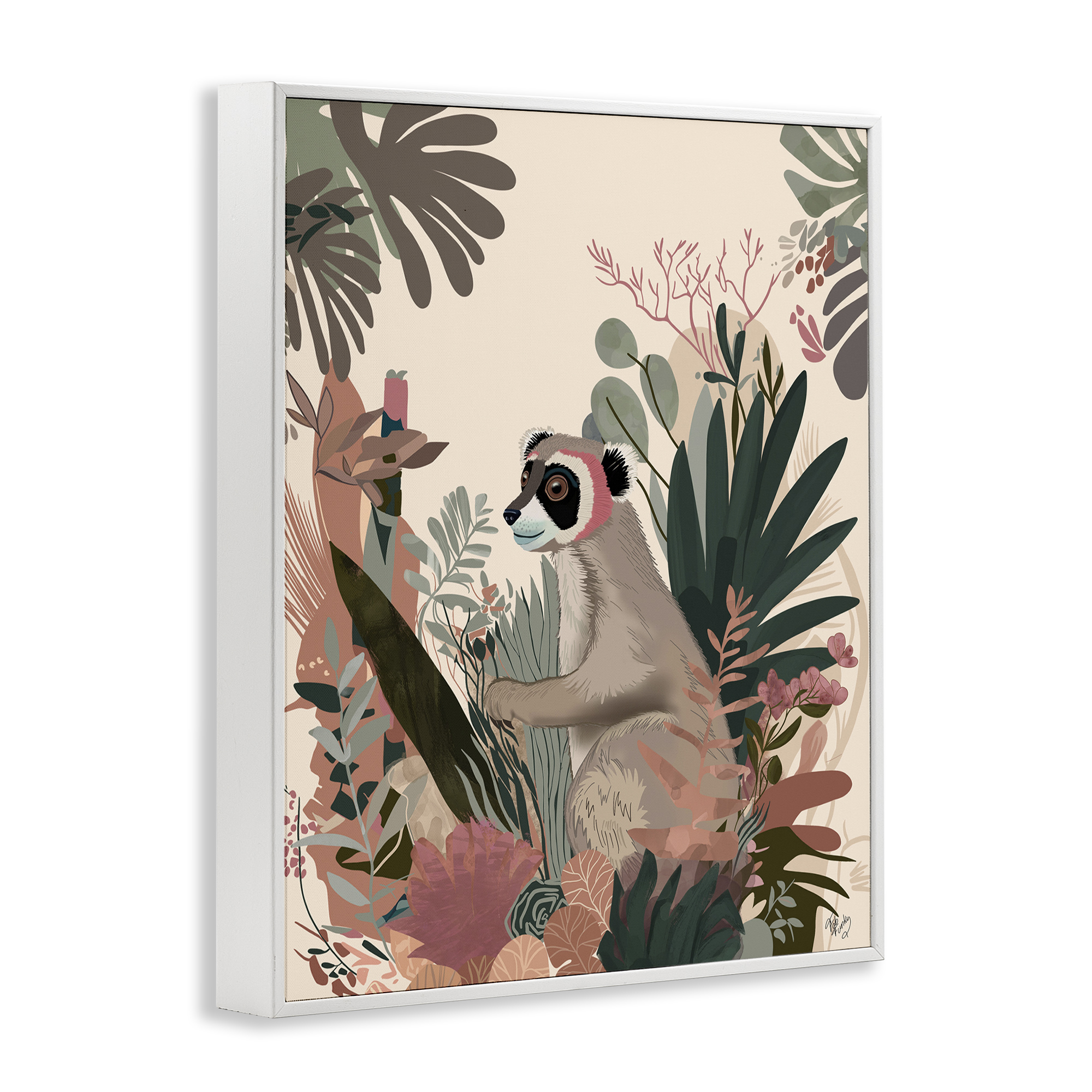 Stupell Industries Happy Lemur & Plants Animals & Insects Painting White Framed Art Print Wall Art, 11 x 14
