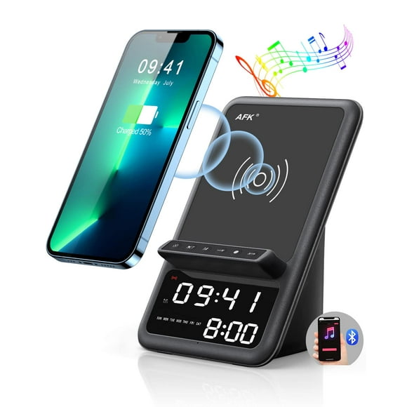 AFK Wireless Charging Station with Bluetooth Speaker and Alarm Clock,Wireless Charger Compatible with iPhone,Android Phones(Black)
