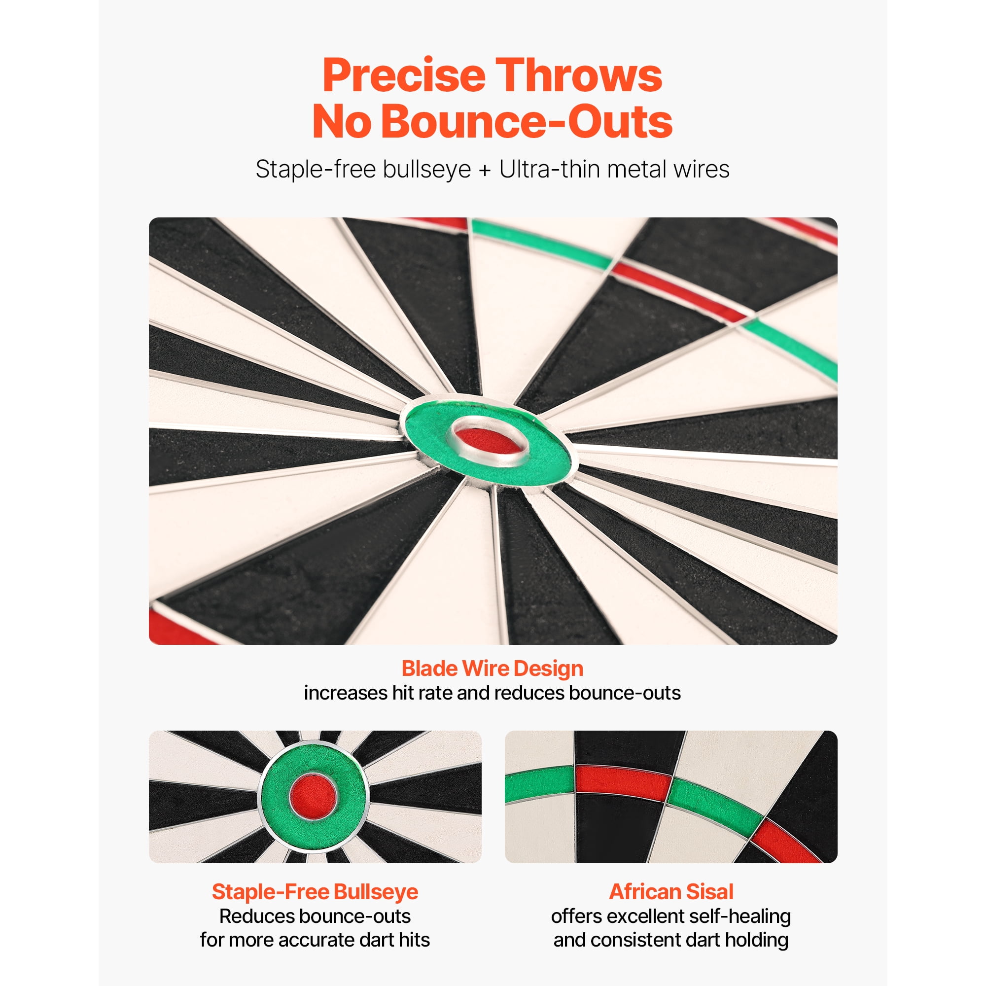 KFFKFF High-Quality Self-Healing Sisal Fiber Dartboard with Staple-Free Bullseye, Blade Wire & Rotating Number Ring, 17.7" Dartboard for Home Entertainment and Game Rooms (Darts Not Included)