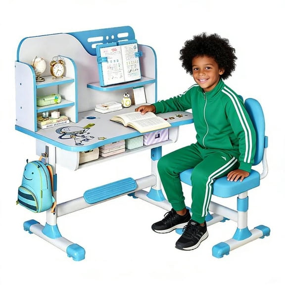YNCE Kids Desk and Chair Set for 6-12, Hight Adjustable Study Table, Table for Kids with Bookshelf and Drawers, Bedroom Desk for Boys and Girls