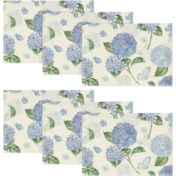 Hydrangea Butterfly Spring Placemats Set of 6, 12x18 Inch Seasonal Summer Table Mats for Party Kitchen Dining Decoration