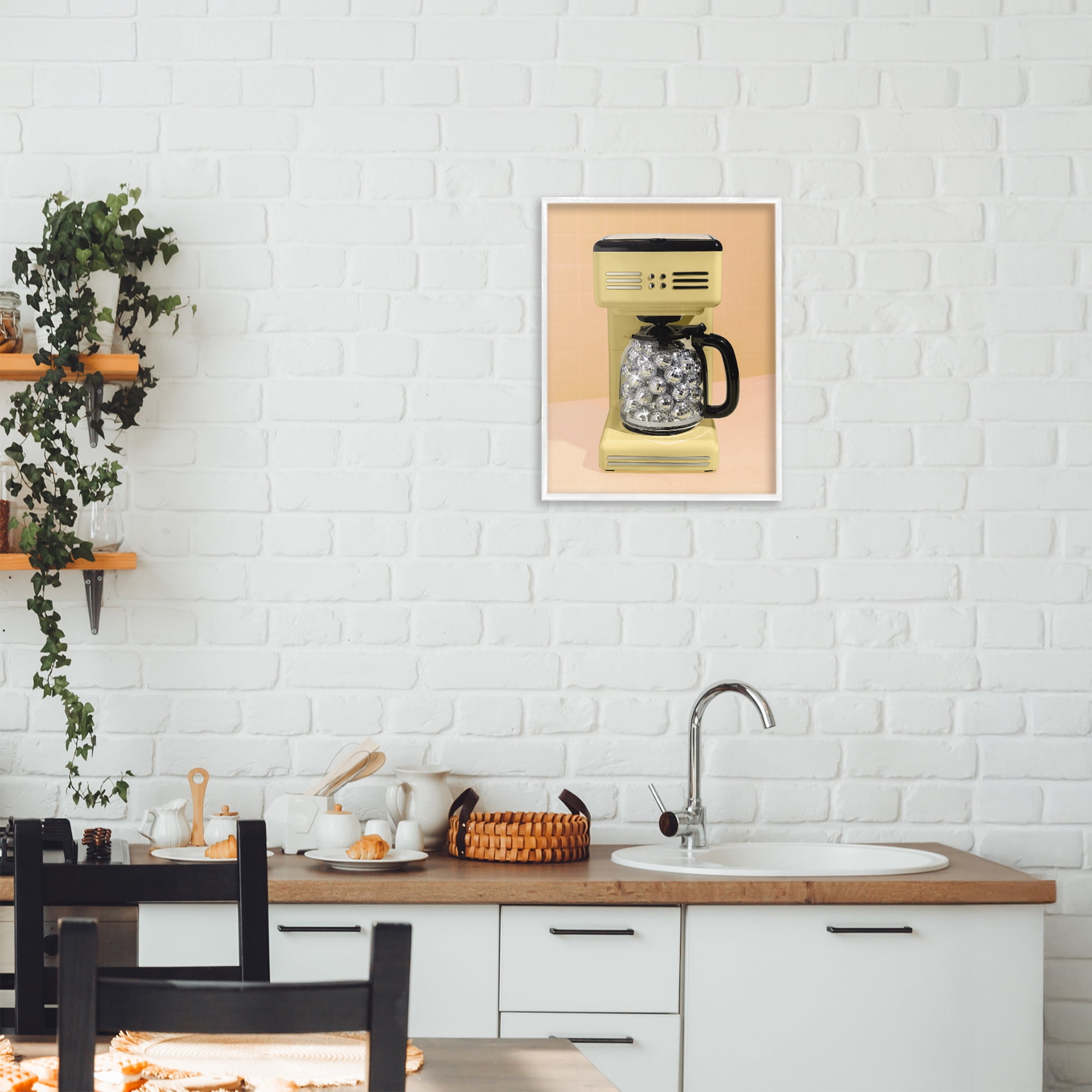 Stupell Industries Disco Coffee Maker over Yellow White Framed Giclee Art, design by LISH Creative