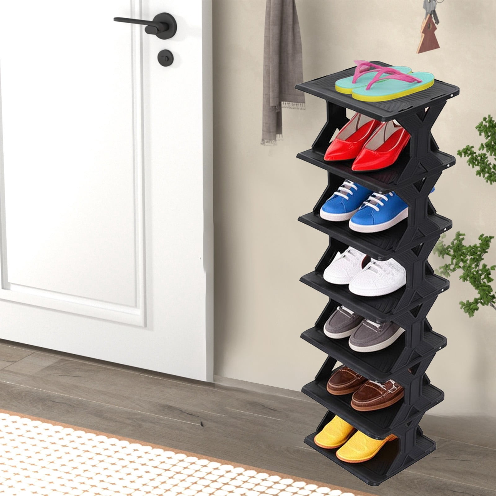 Seyotauo Vertical Shoe Rack -Tall Narrow Shoe Rack Organizer for Small Spaces,7 Tier Bamboo Shoen Shelf for Entryway,Closet,Corner,Doorway,Skinny Shoe Shelf Space Saving Shoe Storage,Free Stackable
