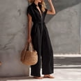 thumbnail image 3 of Women's Resort Jumpsuit, Casual Loose Wide Leg With Zip-Up Front & Stand Collar, Short Sleeve Vacation One-Piece With Belt Black L, 3 of 5