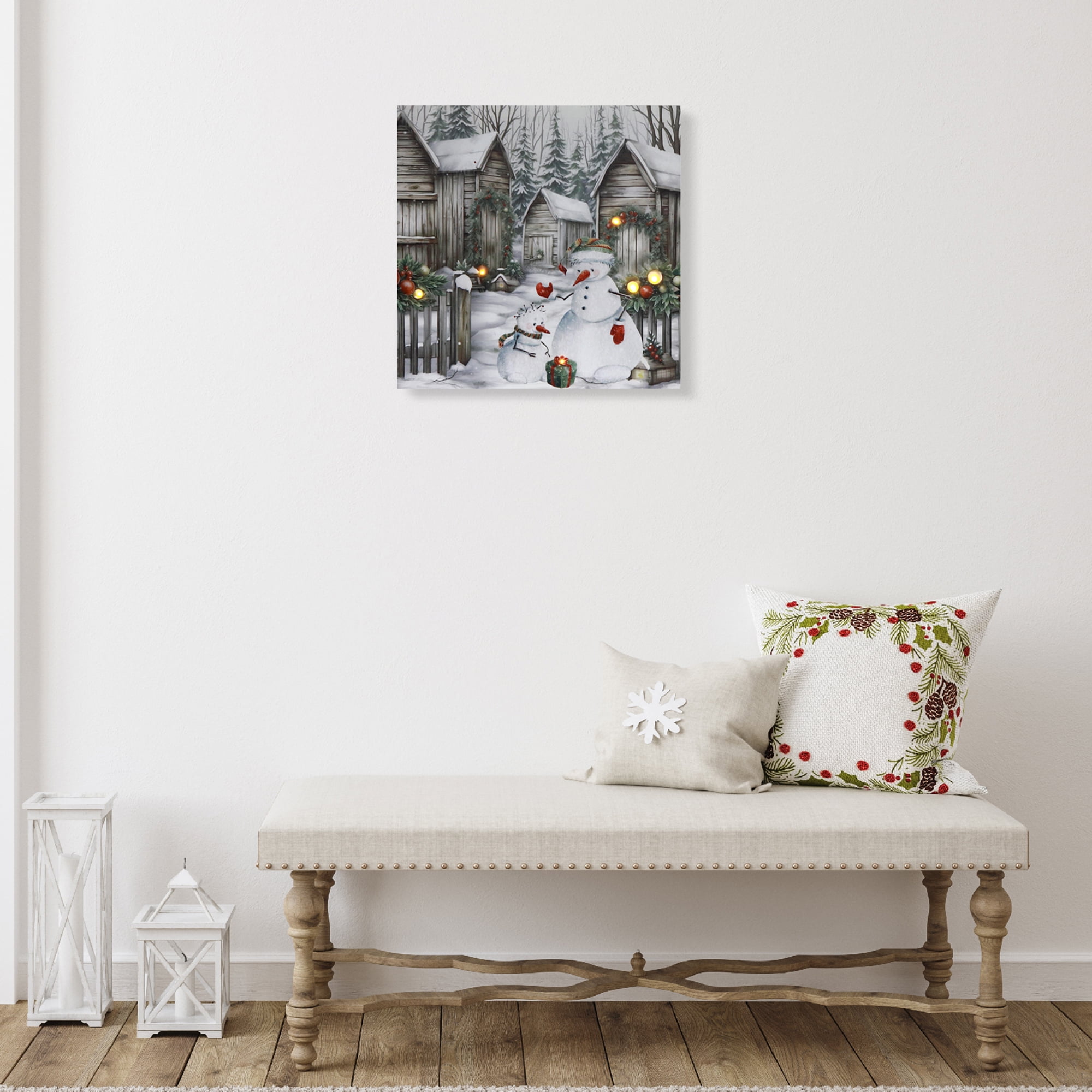 Décoration Murale Sur Toile À Led Avec Minuterie (Bonhomme De Neige Avec Maisons)