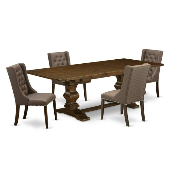 East West Furniture LAFO5-88-18 5-Pc Kitchen Table Set Includes 1 Butterfly Double Pedestal Dining Table and 4 Brown Linen Fabric Parson Dining Chairs with Button Tufted Back - Antique Walnut Finish