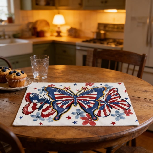 shyuyusa 4 Piece Patriotic Linen Placemat Set Heat Resistant Table Mats For Kitchen Dining Room Decor