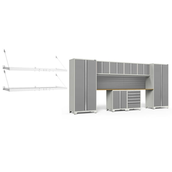 NewAge Products Pro Series Platinum 12 Piece Cabinet Set, Heavy Duty 18-Gauge Steel Garage Storage System, Slatwall / Wall Mounted Shelf Included