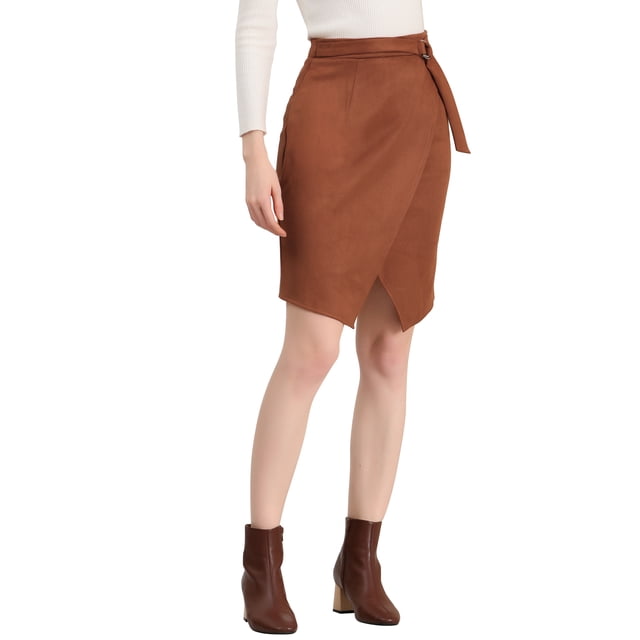 INSPIRE CHIC Women's A-Line Front Slit Knee Length Wrap Faux Suede Skirt L Caramel