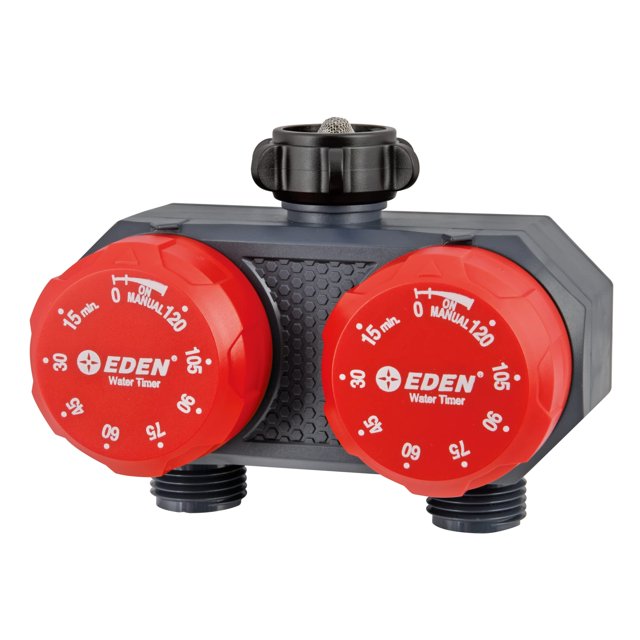 Temporizador de riego Eden 25124 mecánico de 2 zonas, rojo y gris