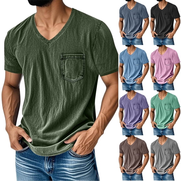Mens Short Sleeve T-Shirts Casual V Neck Cotton Tee Summer Beach Tops with Pocket Big and Tall Size M-3XL Purple