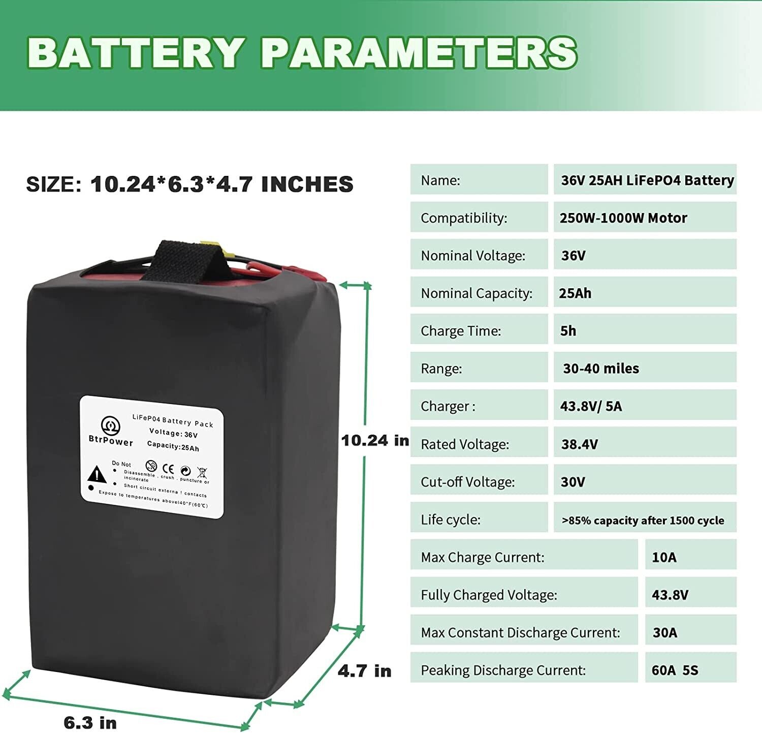 Btrpower 36V 25Ah Ebike Battery Pack Lithium LiFePO4 for Scooter Electric Bike 30A BMS