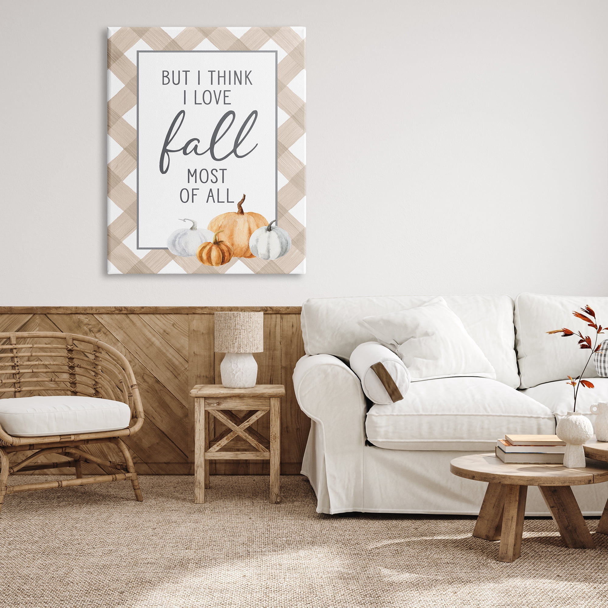 Stupell Industries Love Fall Most Of All Autumn Pumpkins Plaid Border Graphic Art Gallery Wrapped Canvas Print Wall Art, Design by Lettered and Lined