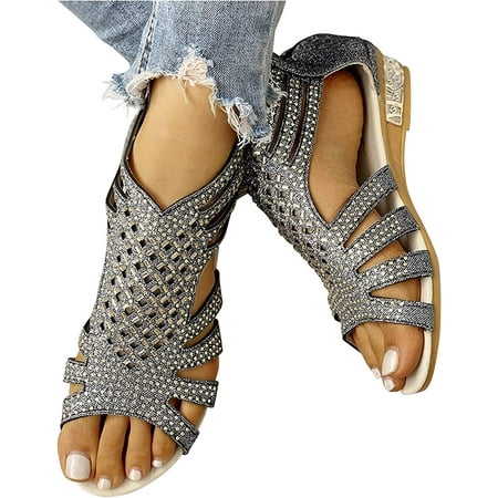 

Sandals for Women Casual Summer Women s Rhinestones Cutout Zip Up Sandals Open Toe Flat Gladiator Slides Sandals