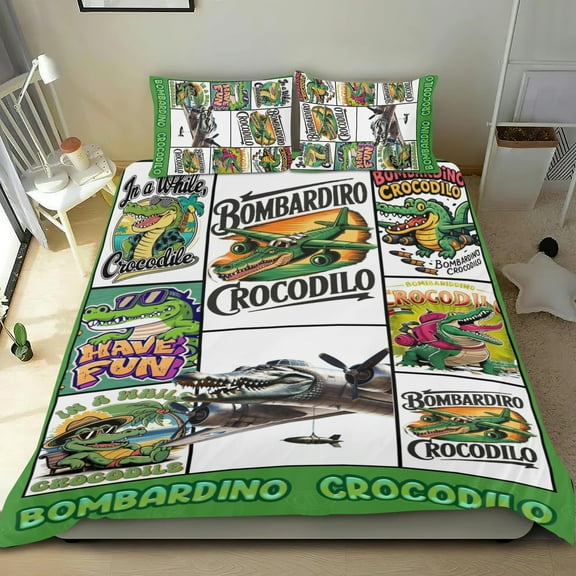 3 Piece Bedding Set For Bombariddino Crocodil Tung Tung Sahur Comforter Cover Set Cute Duvet Cover Sets Super Soft Teens Bedding Set Kids Bedroom Gifts,1 Duvet Cover with 2 Pillowcases Twin